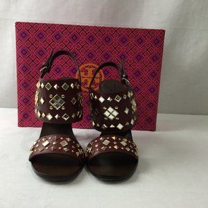 TORY BURCH Embellished Leather Wedge Sandals